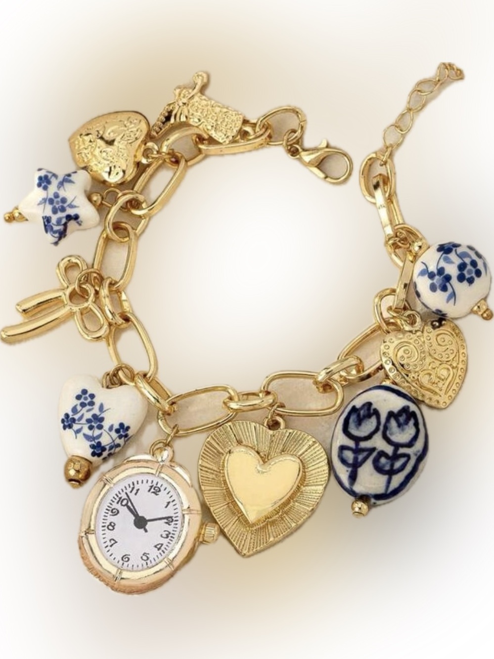 Gold tone Charm Bracelet with Blue & White faux Ceramic Hearts &faux Watch Face